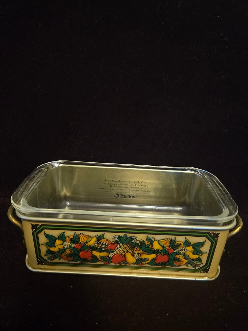 Vintage 1981 Teleflora decorative metal carrier with 1.5-quart glass loaf pan